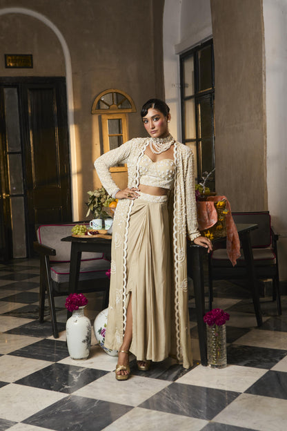 "Cameo" cape with bustier and drape skirt