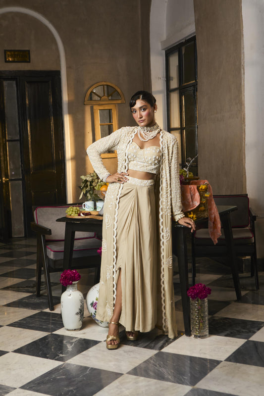 "Cameo" cape with bustier and drape skirt