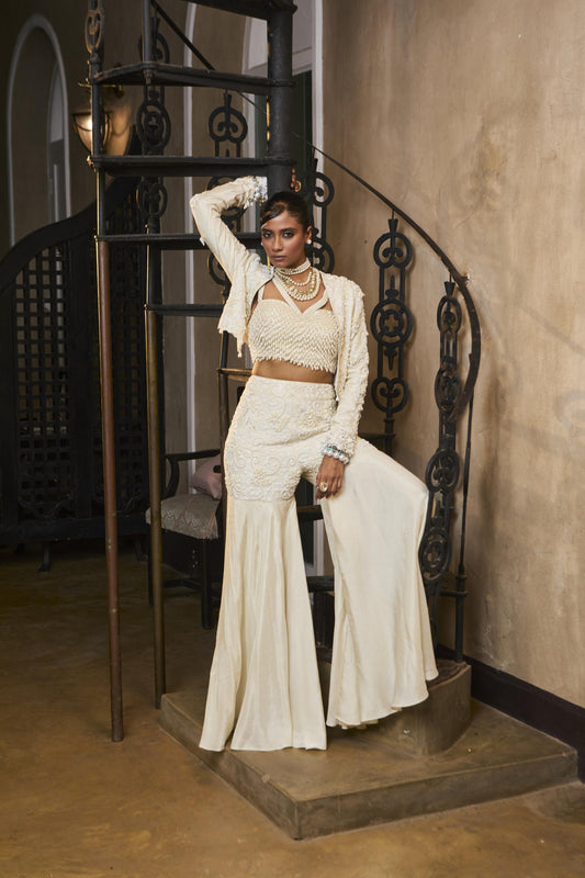 "Armor" jacket with Embroidered Blouse and flared pants