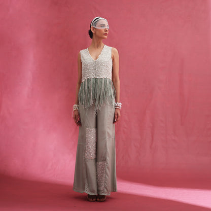 "Ashen" Waistcoat & Embroided Patchwork Flared Trousers