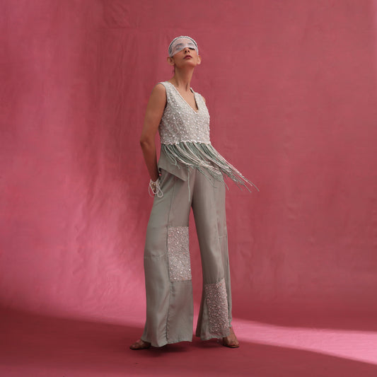 "Ashen" Waistcoat & Embroided Patchwork Flared Trousers